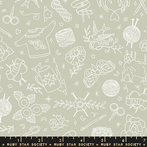 May include: A seamless pattern featuring a variety of white line drawings on a sage green background. The pattern includes images of yarn, knitting needles, a teapot, a flower, a butterfly, a bird, a heart, a star, and the words "Knit" and "Yarn".