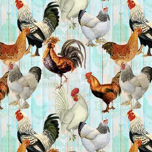 May include: A seamless pattern featuring a variety of colorful roosters and hens against a light blue woodgrain background. The pattern includes roosters with red, black, and white feathers, and hens with white, brown, and black feathers. The pattern is perfect for fabric, wallpaper, or other decorative projects.