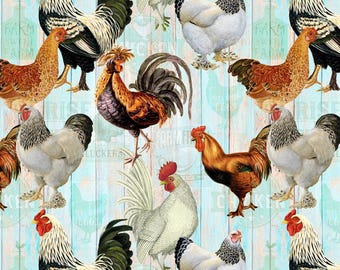 May include: A seamless pattern featuring a variety of colorful roosters and hens against a light blue woodgrain background. The pattern includes roosters with red, black, and white feathers, and hens with white, brown, and black feathers. The pattern is perfect for fabric, wallpaper, or other decorative projects.