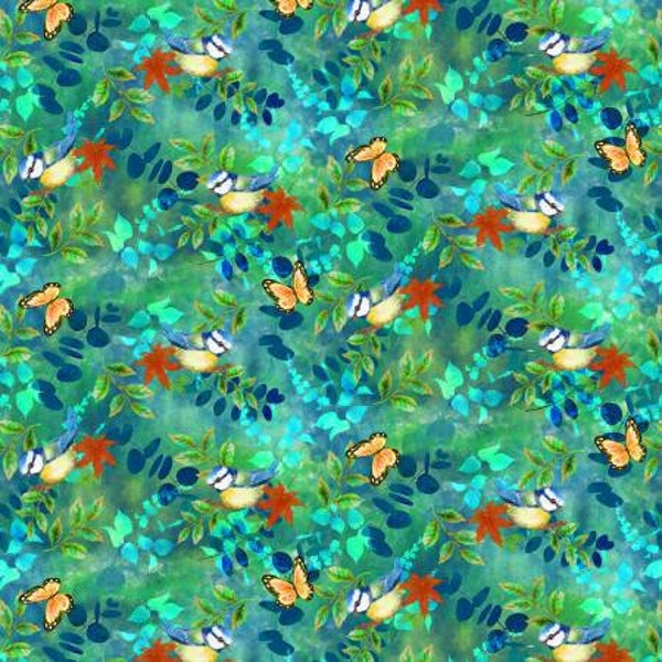 Auburn Fox 6223-76 teal bird tossed allover by Kayomi Harai for Studio e