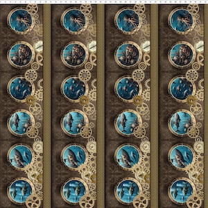 May include: Fabric with a repeating pattern of steampunk-style circular designs. Each circle features a blue background with various images, including an octopus, gears, and fish. The design is set against a brown background with gold accents.
