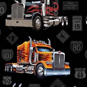 May include: A black and orange semi-truck with flames painted on the side. The truck is driving on a black background with various road signs, including "Next Rest Area 7 Miles", "Speed Limit 15", "Interstate 80", "US 66", "Interstate 101", "US 50", and "Danger Crocodiles".