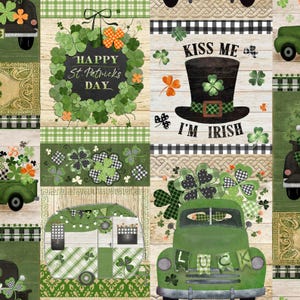 May include: A patchwork design featuring St. Patrick's Day motifs. The image includes a wreath, a top hat, trucks, and a camper, all adorned with shamrocks and the text "Kiss Me I'm Irish" and "Happy St. Patrick's Day". The color palette is dominated by green, black, and white.