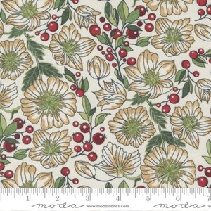 May include: White fabric with a floral pattern featuring beige flowers, green leaves, and red berries. The fabric has a repeating pattern and is suitable for quilting, crafts, and apparel.