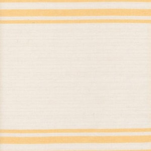 May include: A textile with a repeating pattern of horizontal stripes. The stripes alternate between a pale yellow and off-white color. The fabric has a slightly textured appearance.