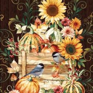 May include: A fall-themed illustration featuring sunflowers, pumpkins, and gourds arranged in a wooden crate. Two small birds perch on the crate. The background is a dark brown with decorative swirls and floral accents. The top and bottom have decorative borders.