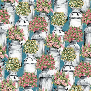 French Hill Farms 1846-75 teal milk cans with flowers by Michelle Bolt for Blank