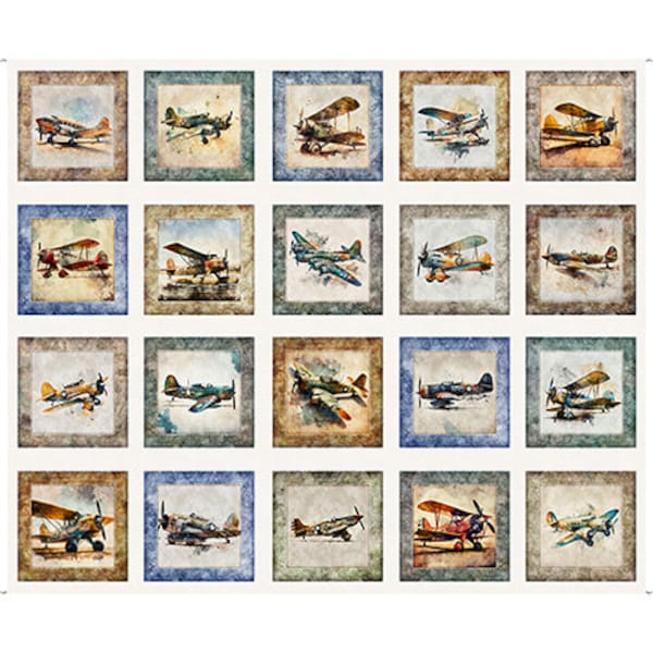 Flying High 2600-30048-E cream airplane picture patchwork panel by Dan Morris for QT Fabrics
