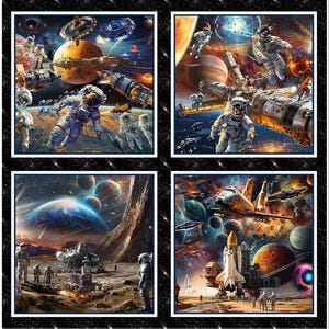 May include: A fabric panel featuring four vibrant space-themed illustrations. Astronauts, planets, spacecraft, and futuristic structures are depicted in a colorful, detailed style. The design includes a black border with celestial elements, creating a cohesive and visually engaging composition.