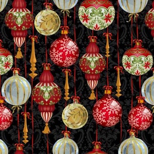 May include: A seamless pattern of red, gold, and green Christmas ornaments with intricate designs hanging from gold chains against a black background.