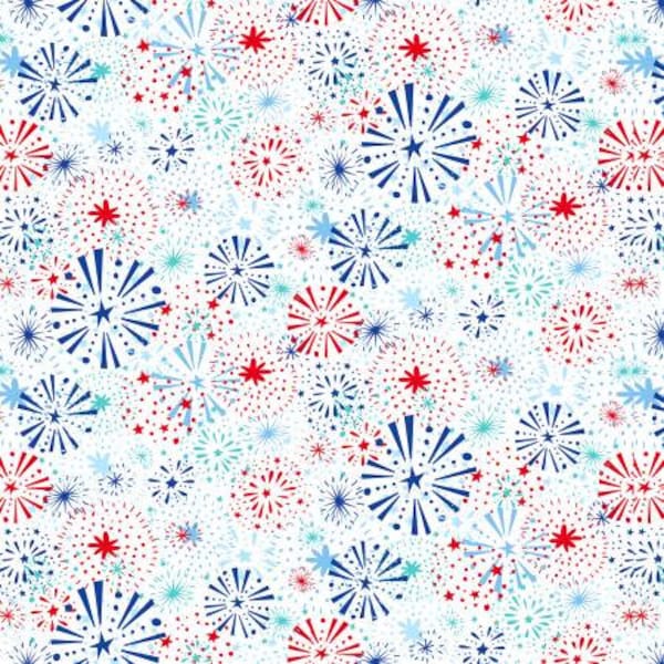 Great American Summer 9854-08 multi firework bursts on white by Emily Dumas for Henry Glass