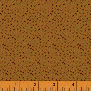 May include: A brown fabric with a repeating pattern of small red berries and green stems.