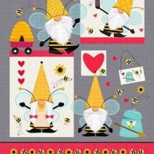 May include: A digital print fabric featuring a repeating pattern of gnomes, bees, honeycombs, hearts, and sunflowers. The gnomes are wearing red and white hats and have white beards. The fabric is on a gray background with yellow, red, and white accents.