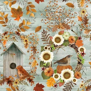 May include: A rustic wooden birdhouse with a round opening, surrounded by fall foliage, including sunflowers, leaves, and pumpkins. A small brown bird sits on the edge of the birdhouse.