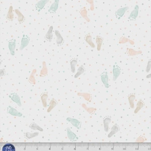 May include: White fabric with a repeating pattern of baby footprints in pastel colors: peach, gray, and teal. Tiny stars and hearts in peach, teal, and orange are scattered across the background. The fabric has the text "FIMF 6020 WMU" at the bottom.