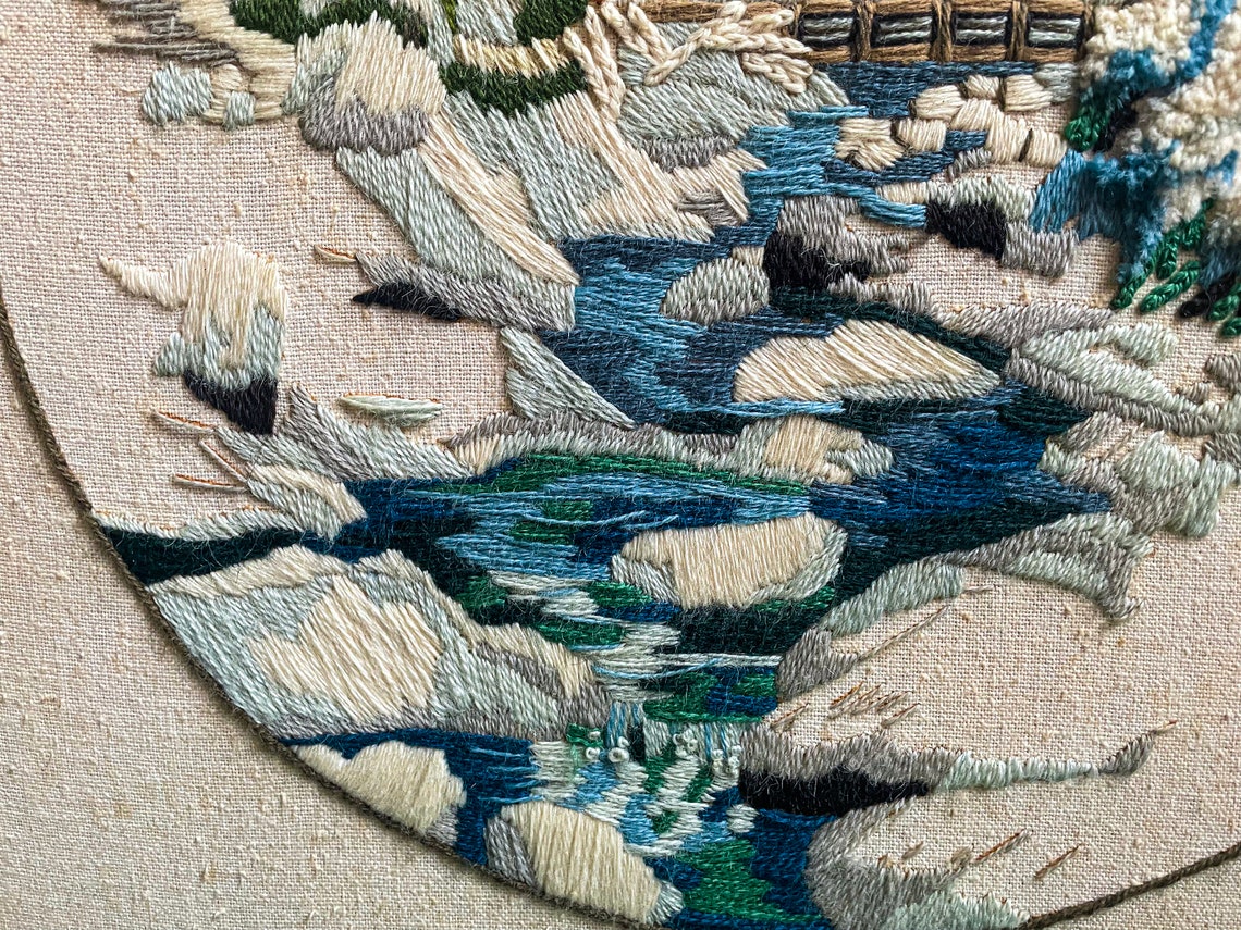 1970's Framed Crewel Needlework Fiber Art Winter Snowfall Etsy