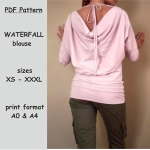 Womens tie back blouse pattern, Waterfall Blouse pattern, PDF Blouse Sewing Pattern, PDF Blouse Woman Pattern, Waterfall pattern blouse