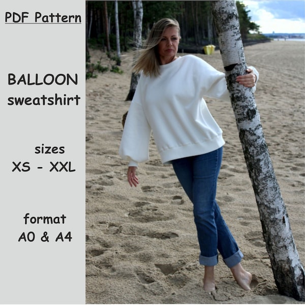 Sweatshirt pattern, blouse Pattern, Sewing Patterns, PDF Sewing Pattern, PDF balloon sleeve Pattern, balloon sleeve sweatshirt