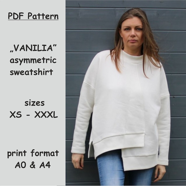 VANILIA Asymmetric sweatshirt with instruction, Sweatshirt pattern, blouse Pattern, Sewing Patterns, PDF Sewing Pattern