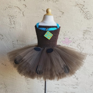 Scooby Doo Tutu Romper | Brown Polka Dot Baby Dress | Mystery Dog Baby Girl Outfit | Blue Ribbon Tutu Costume | Toddler Cartoon Dress