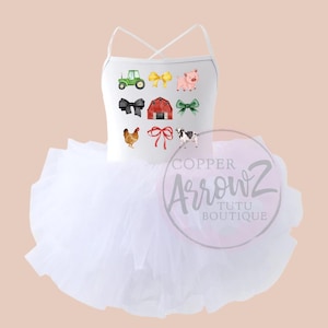 Farm Birthday Tutu Dress | White Toddler Leotard with Tutu | Farm Animal Girl Outfit | Coquette Bow Costume | Barnyard Party Dress
