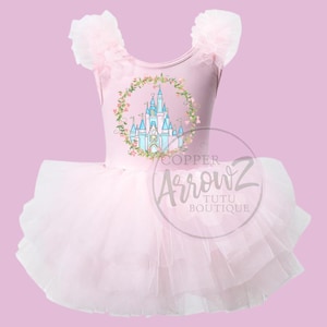Pink Disney Castle Tutu Dress | Ruffle Strap Princess Leotard | Floral Wreath Park Outfit