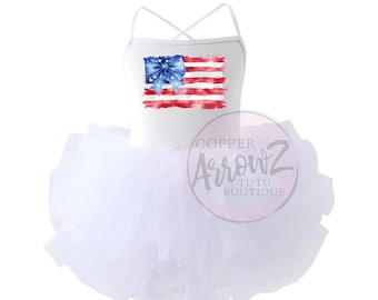 American Flag Tutu Leotard, Patriotic Girl Outfit, 4th of July Tutu, USA Parade Outfit, Red White Blue Tutu for Girls