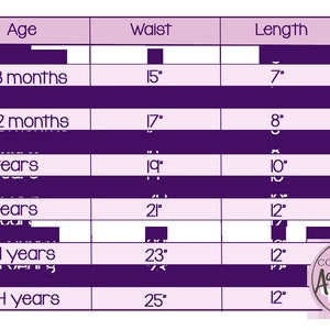 Puede incluir: Un gr&aacute;fico que muestra las medidas de cintura y longitud para diferentes grupos de edad de ropa para ni&ntilde;os. El gr&aacute;fico est&aacute; sobre un fondo morado con texto blanco. Las medidas est&aacute;n en pulgadas.