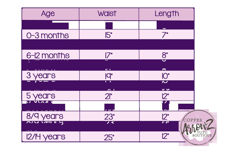 Puede incluir: Un gr&aacute;fico que muestra las medidas de cintura y longitud para diferentes grupos de edad de ropa para ni&ntilde;os. El gr&aacute;fico est&aacute; sobre un fondo morado con texto blanco. Las medidas est&aacute;n en pulgadas.