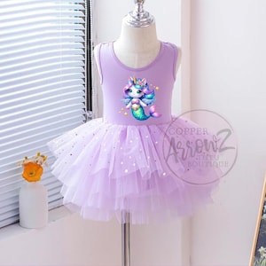 Unicorn Mermaid Tutu Dress – Light Purple Leotard with Tulle Skirt for Summer or Mermaid Birthday Party