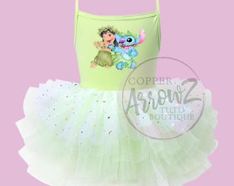 Light Green Lilo & Stitch Hula Tutu Leotard | Disney Outfit for Hawaiian Party or Vacation