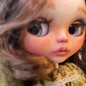 May include: A close-up of a doll's face with brown hair and large, expressive eyes. The doll has rosy cheeks, freckles, and a small mouth. The doll is wearing a green dress with a floral pattern.