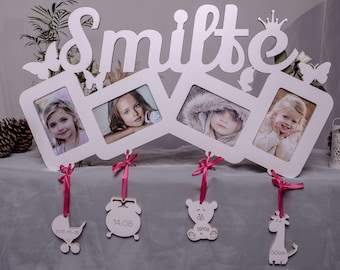 Marco de fotos personalizado para bebés Detalles de nacimiento Collage de imágenes de madera grabado personalizado Regalo para padres recién nacidos Recuerdo Anuncio del 1er cumpleaños