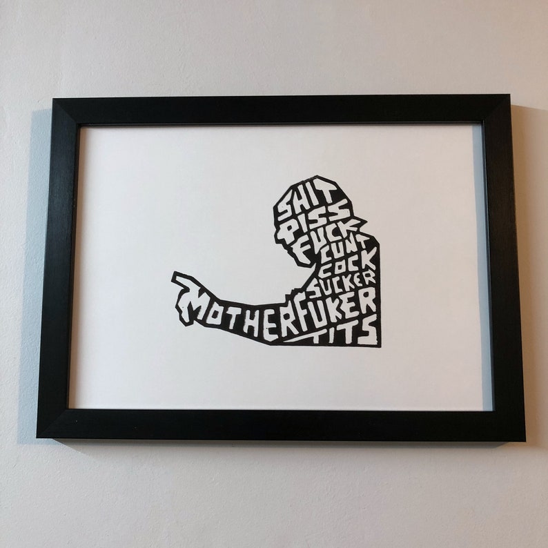 Carlin Seven Words Black on White linocut A4 Etsy