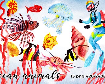 Commercial use Ocean animals clip art diver crab jellyfish fish clipart seashells Watercolor hand drawn aquatic life scrapbook no license