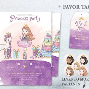 Princess PORTRAIT Editable Party Invitation PDF Fairytale Birthday Printable Invite kit Crown Favor tag Magic Glitter Purple Violet invite image 1