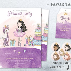 Editable Party Invitation Princess Portrait PDF Fairytale Birthday Printable Invite kit Crown Favor tag Magic Glitter Unicorn self edit Set image 1