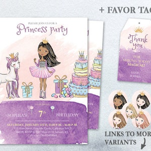 Fairytale Birthday PDF Editable Party Invitation Princess Portrait Invite Printable kit Crown Favor tag Magic Glitter Unicorn Storybook Set image 1