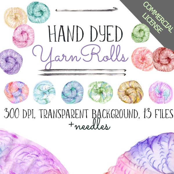 Commercial use hand dyed yarn rolls clipart watercolor cotton skeins hand drawn crochet gradient knitting wool cakes scrapbook rainbow yarn