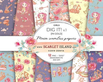 Seamless digital papers Girls Dig It planner scrapbook fabric repeat pattern lilac rose pink violet textures