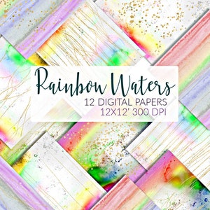 Rainbow Digital Paper Backgrounds glitter scrapbooking set watercolor clipart gold marble pride LGBT commercial use hand drawn ultra violet