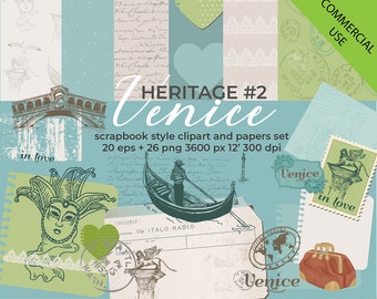 NO CREDIT COMMERCIAL use scrap travel kit clipart set Venice vintage eps holiday scrapbook vacation Italy carnival gondola papers digiscrap