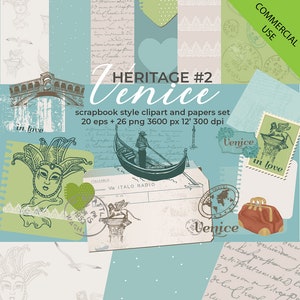 NO CREDIT COMMERCIAL use scrap travel kit clipart set Venice vintage eps holiday scrapbook vacation Italy carnival gondola papers digiscrap