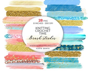 Large brush strokes Crochet Knitting time, teal coral gold glitter confetti watercolor acrylic swashes planner date cover stroke by Zenya