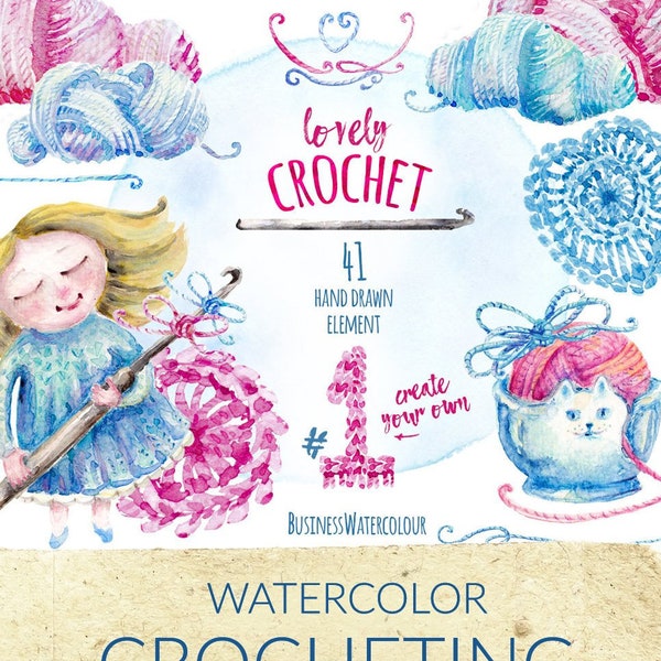 Crochet clipart hand drawn illustrations, watercolor yarn and wool for logo, stickers or branding