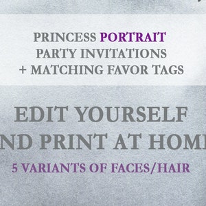 Editable Party Invitation Princess Portrait PDF Fairytale Birthday Printable Invite kit Crown Favor tag Magic Glitter Unicorn self edit Set image 3