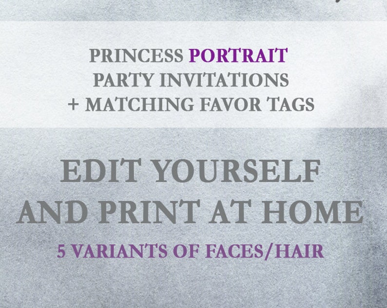 Fairytale Birthday PDF Editable Party Invitation Princess Portrait Invite Printable kit Crown Favor tag Magic Glitter Unicorn Storybook Set image 3