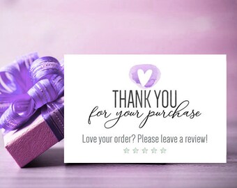 Thank you card Violet purple heart Thank you for your purchase tag Love your order Printable pdf Please leave a review Package insert Etsy