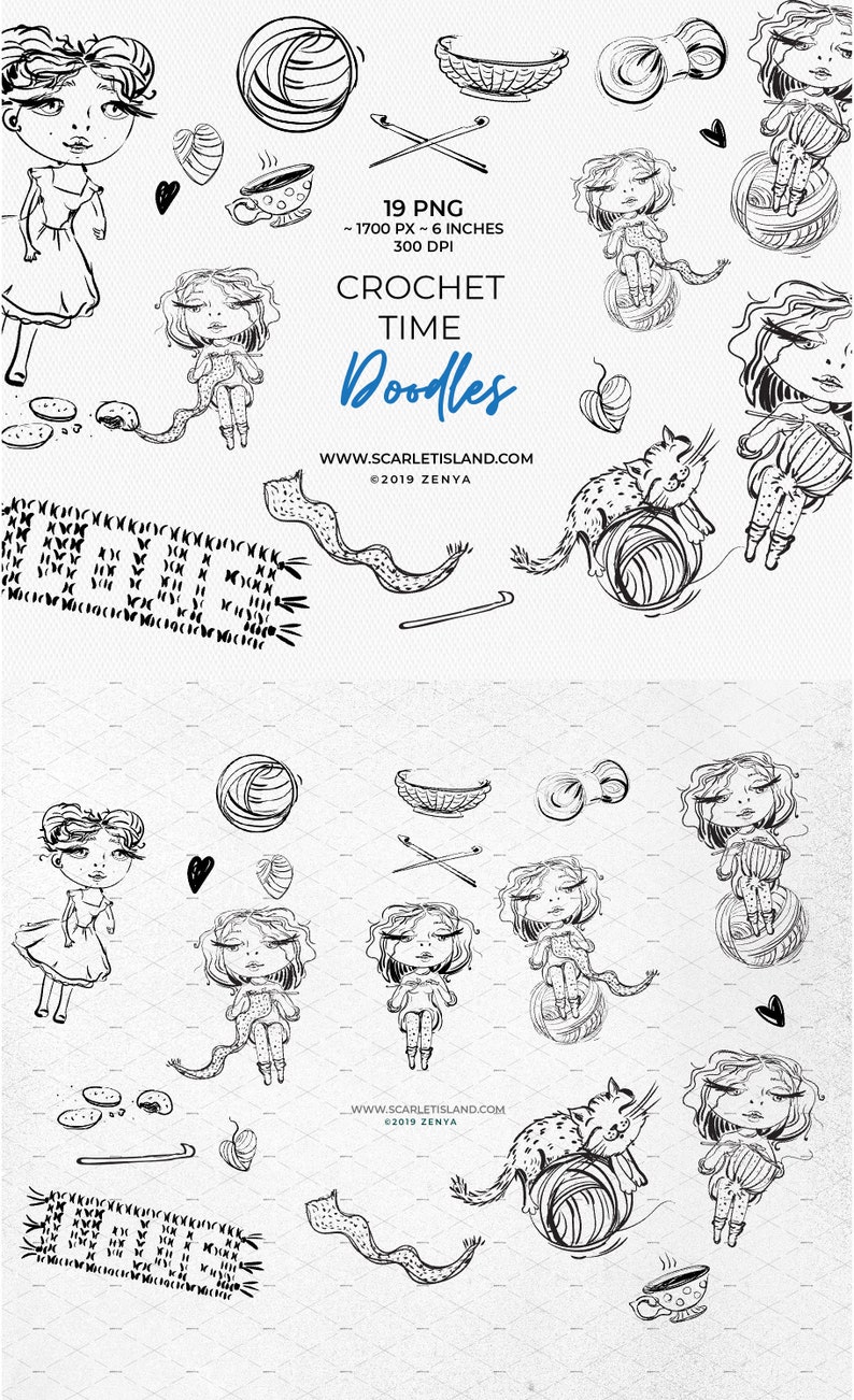 Crochet time doodle clipart set, hand drawn yarn wool knit knitter planner stickers graphic collage sheet decoupage illustrations by Zenya image 1