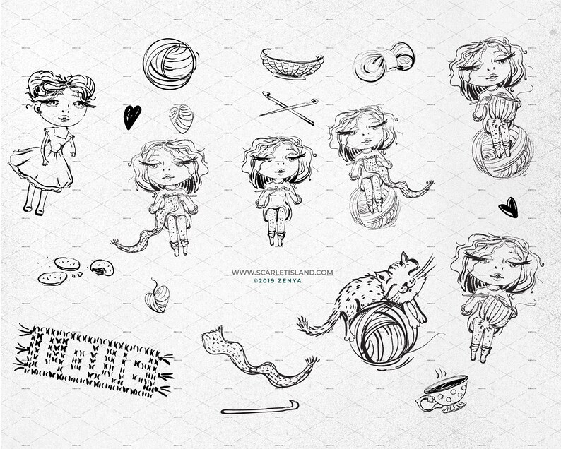 Crochet time doodle clipart set, hand drawn yarn wool knit knitter planner stickers graphic collage sheet decoupage illustrations by Zenya image 3